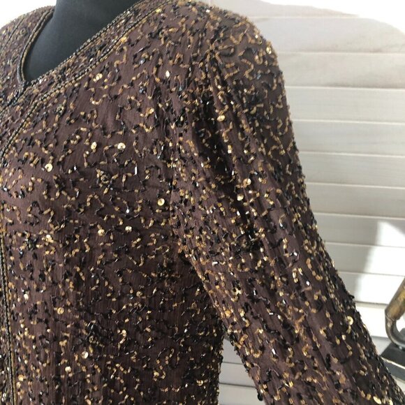Vintage 90s 100% Silk Gold Beaded Sequin Brown Blazer Blouse Size Small - Picture 6 of 12